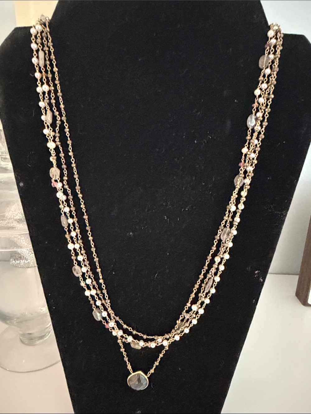 Vintage Joya 925 India 4 strand Layered Beaded Necklace with Dark Stone Pendant